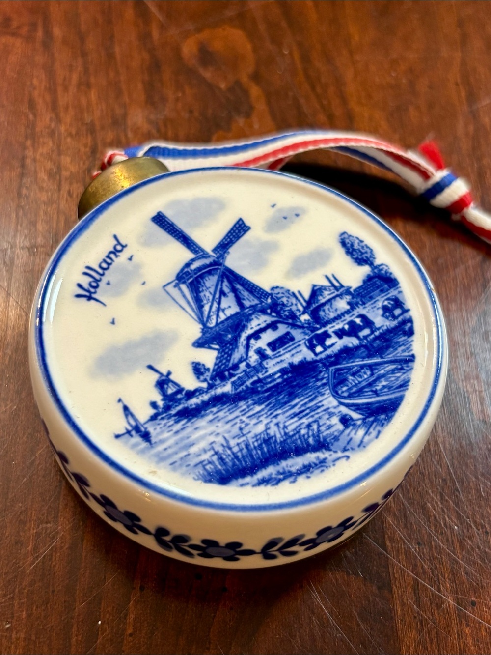 Vintage hand-painted Delft Blue porcelain Netherlands pendant Christmas ornament